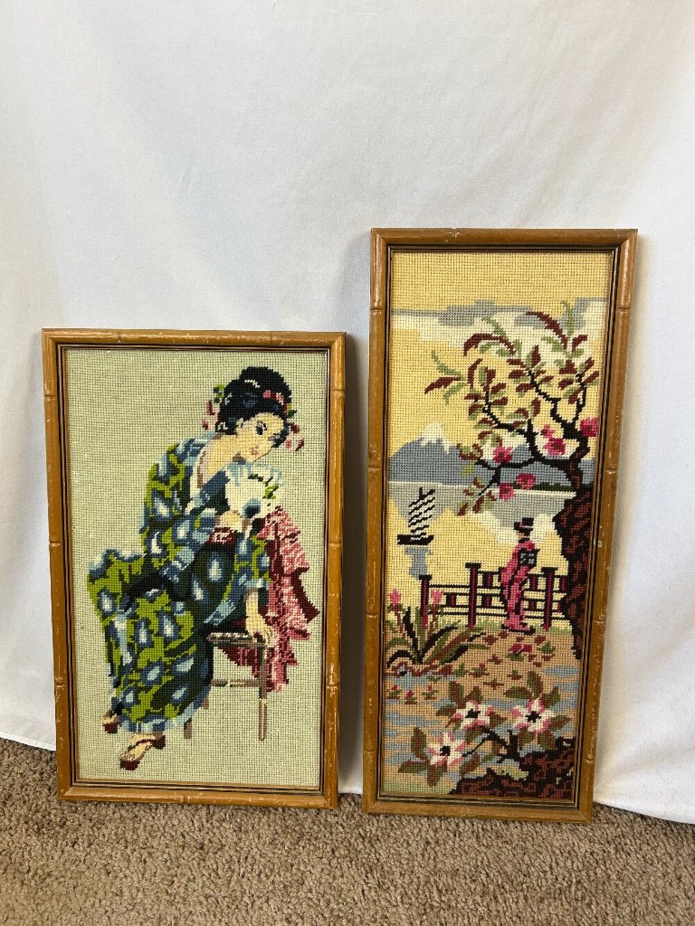 Vintage Needlepoint Geisha Bamboo Style Frames lot of 2 (flaws)